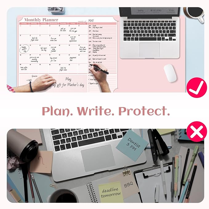 Multi-Functional Dual-Layer Dry Erase Desk Mat, Dry Erase Calendar for Desk - Erasable Desktop Writing Board with Calendar - Non-Slip Faux Leather Desk Protector for Home&Office - 16"x34" Pink