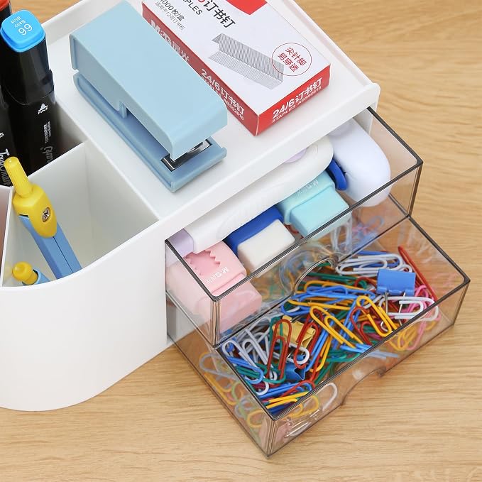 LETURE Desk Organizer Office Supplies Caddy with Pencil Holder and Drawer for Desktop Accessories, Business Card/Pen/Pencil/Mobile Phone/Stationery Holder Storage Box (White)