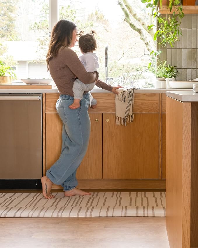 House of Noa Nama Standing Mat – Anti-Fatigue Kitchen Mats for Floor, Cushioned & Non-Slip Comfort Mat for Standing, Thick Foam Anti-Fatigue Mat for Kitchen & Workspaces, Nara Stripe Natural 22" x 72"