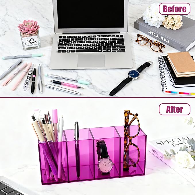 Pen Holder for Desk Neon Acrylic Pencil Holder Cup Makeup Brush Storage Organizer for Vanity, Purple