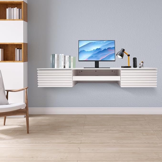 Floating Desk 60'' Wall Mounted Computer Desk with 2 Drawer & Keyboard Tray Home Office Desk Workstation, Cable Hole, Laptop PC Table for Living Room, Bedroom, Office, White