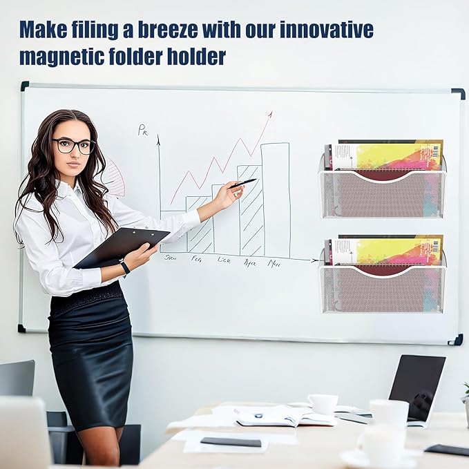 4PCS Magnetic File Holder - No Drilling Magazine Paper Document Holder, Hanging File Organizer for Refrigerators, Whiteboards & File Cabinets