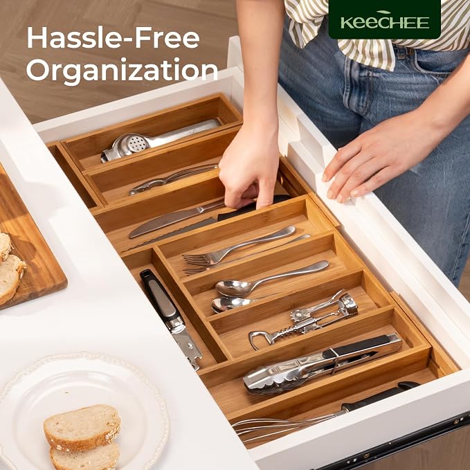 keechee 6-Piece Bamboo Drawer Organizer Set, 2.2" Deep Multi-Use Organizers for Utensils, Silverware, Cutlery, Desk, Bathroom, Junk Drawer & Makeup, Non-Slip Feet Included.