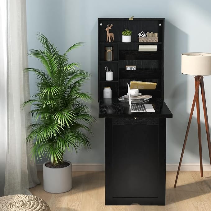 GOFLAME Wall Mounted Folding Desk with 3-Tier Tilt Storage Partition and Adjustable Shelves, Space-Saving Convertible Writing Desk for Home Office, Black