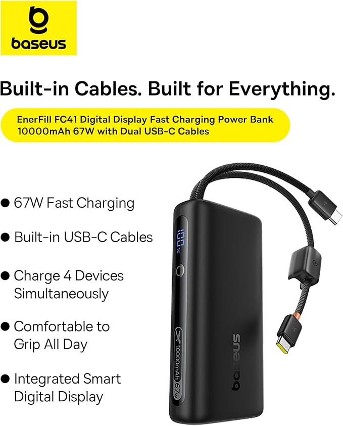 Baseus Mini Power Bank Fast Charging 67W, 10000mAh Small Portable Phone Charger Built-in Dual USB C Braided Cable, Travel Essential Battery Pack for iPhone 17/16/15, iPad, Samsung Galaxy S25/S24 etc.