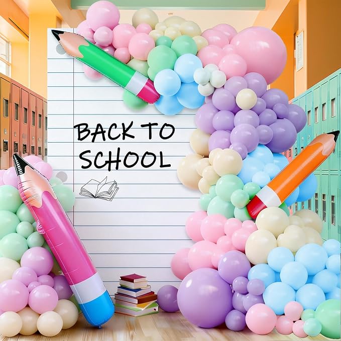 Welcome Back to School Party Decor Rainbow Balloons Arch Kit with Pencil Balloon Backdrop Giant Inflatable Pencil Notebook Photo Props for First Day of School Kindergarten Classroom Supplies(Pastel)