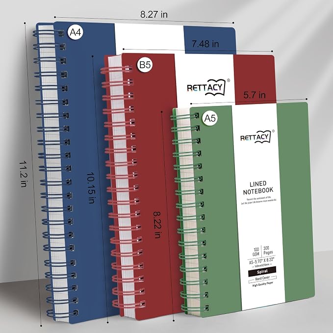 RETTACY Spiral College Ruled Notebook, 300 Pages, A5 Medium Size (5.7" x 8.2"), for School, Work, Writing, Journaling, 100 GSM Thick Paper, Flexible Plastic Cover (Dark Green)