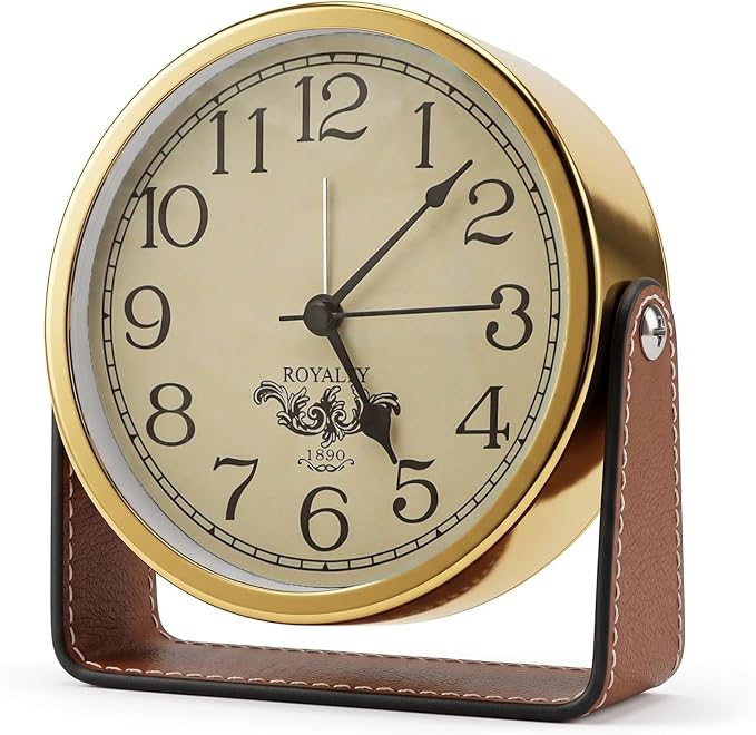 Analog Alarm Clock - 4.5" Silent Non Ticking Small Clock with Light, Rotatable Stand Metal Desk Clock Battery Operated, Simple Design for Living Room Decor/ Bedroom/Bedside/Shelf (Gold & Arabic)