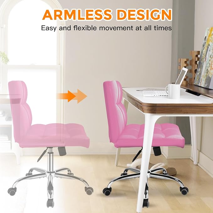 Pink Office Chair with Wheels - 360° Swivel Armless Back Support,Comfortable Pu Adjustable Rolling Desk Chairs for Office,Home,Vanity,Bedroom,Big Space (Widened Pink)