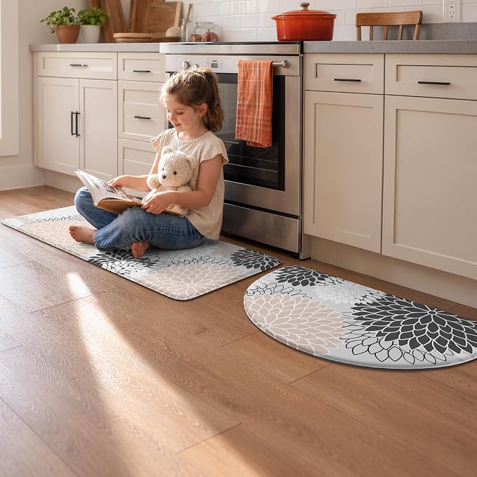 KIMODE Half Circle Anti Fatigue Mats for Kitchen Floor Rug Sets of 2 | 18"x28+18"x47",Pink,Half Round,2PCS,Dahlia Floral Boho,Non Slip,Waterproof,for Sink Office Laundry Bathroom Decor