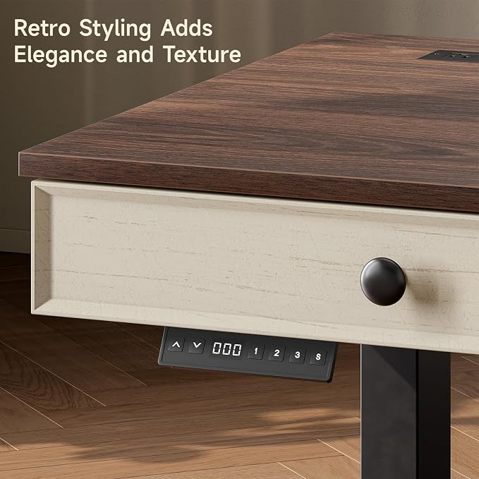 63 Inch Electric Standing Desk with 3 Drawers, Home Office Desk, Walnut | Computer Desks Retro Corner Table & Drawers, Height Adjustable Stand Up Desk with Storage & Outlets for Computer Workstation