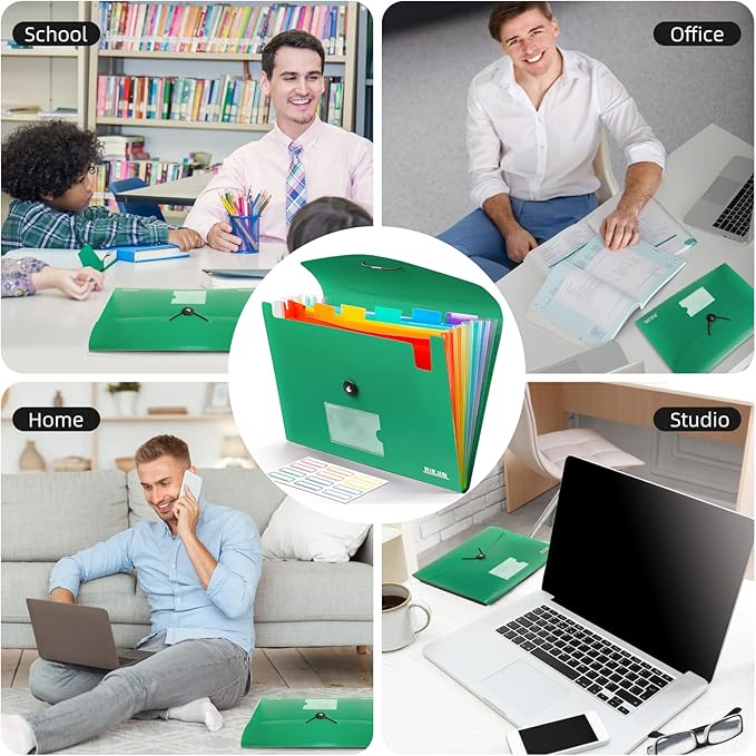 Accordian File Organizer 7 Pocket Expanding File Folder with Labels, Plastic Expandable File Folder for Documents Letter Size A4 Papers - Green