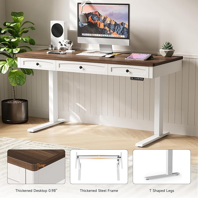 ONBRILL Standing Desk with 3 Drawers, 55 x 24 Inch Electric Height Adjustable Desk with Storage & Outlets, for Computer Workstation, Home Office, Retro Curved Table Corner & Drawers, Walnut