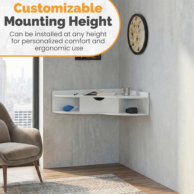 Basicwise White Heart Shaped Wall Mounted Office Table with Drawer and Two Shelves Computer Writing Corner Desk QI004024.WT