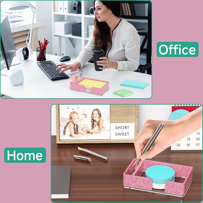 Sticky Note Holder with Pen Slot, Glitter Pink Acrylic Notepad Holder 4x6 in Self-Stick Note Dispenser Office Desk Accessories, Memo Pad Holder Organizer for Classroom School Supplies