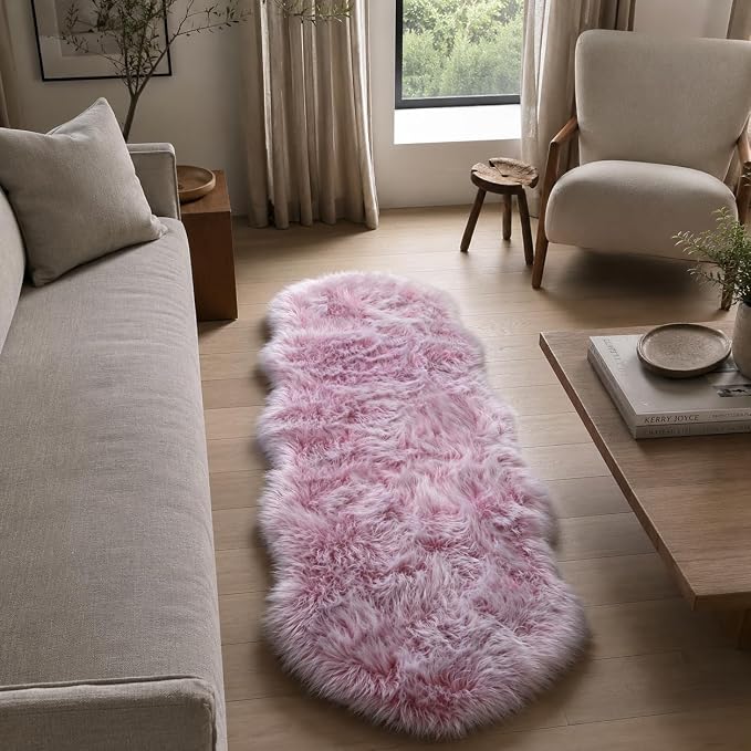 EasyJoy Faux Sheepskin Rug, Fluffy Faux Fur Rug, Ultra Soft Shag Area Rug with Non-Slip Backing for Bedroom, Living Room, Nursery, Kids Room(2 x 6 ft Sheepskin, Frosted Bottom Pink)
