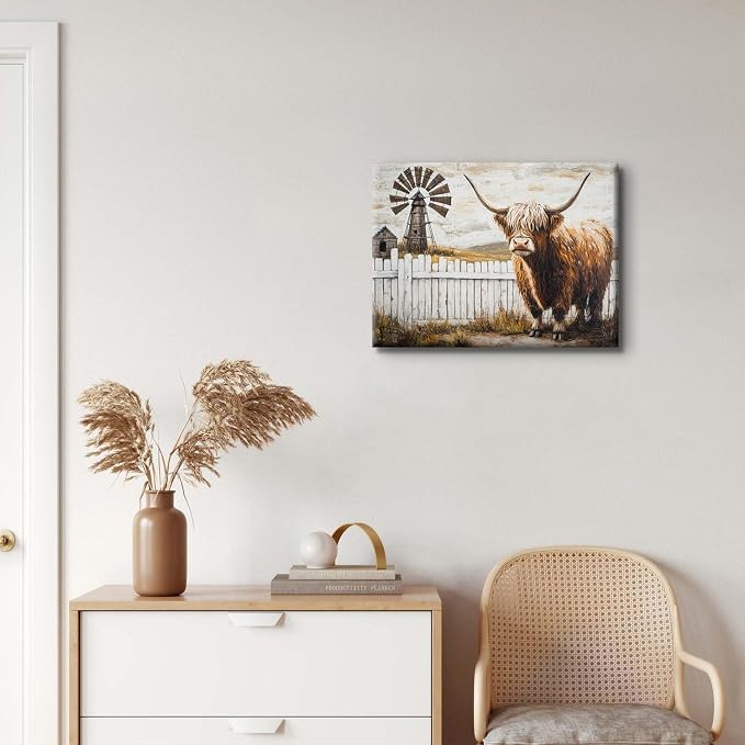 Farmhouse Highland Cow Wall Art Windmill Barn Pictures Western Wall Decor for Kitchen Living Room Country Farm Animals Canvas Paintings Rustic Landscape Poster Prints Artwork Cabin Decorations 12x16"
