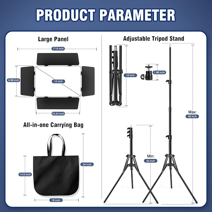 2 Pack LED Video Light Kit with Barn Door, Kewaiaa 30W Photography Light Panel with Stand, 3000Lux 2500K-8500K Dimmable Studio Lights for Video Recording/Filming/Photoshoot Shooting/Live Streaming