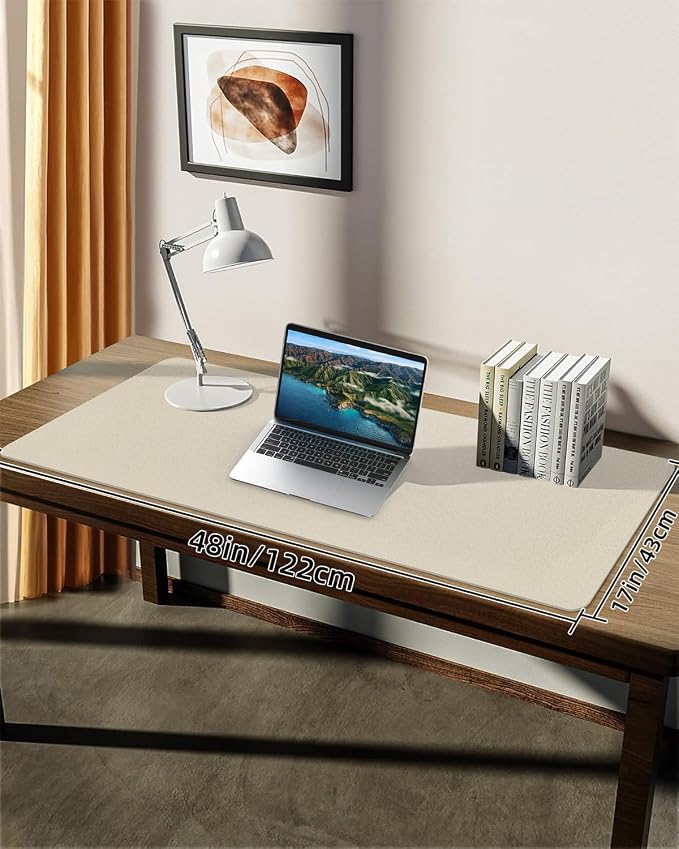 Leather Desk Pad Protector, Office Desk Mat, Large Mouse Pad, Non-Slip Desk Blotter, Laptop Desk Pad, Computer pad,Waterproof Desk Accessories for Office and Home(Beige, 48" x 17")