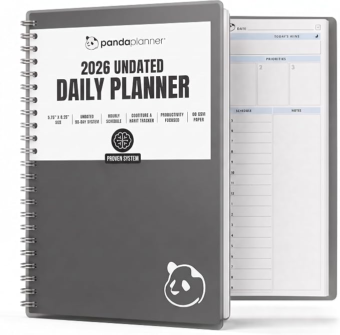 Panda Planner 2026 Undated Daily Planner 5.75" x 8.25", Gray | 90-Day Spiral Academic, Productivity Planner, Hourly Schedule, To-Do List, Monthly Calendar, ADHD-Friendly Panda Journal