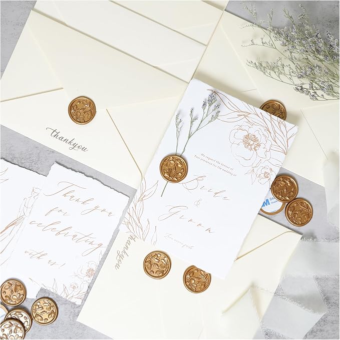 UNIQOOO Wax Seal Stickers - 3D Magnolia Wedding Invitation Envelope Botanical Seal Stickers, 100 Pcs Self-Adhesive Antique Gold Stickers, Perfect for Invitation, Christmas, Gift Wrapping, Party