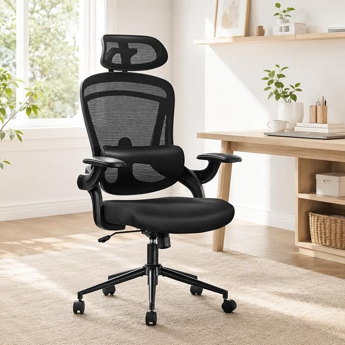 Ergonomic Office Chair, Home Office Desk Chairs with Adjustable Lumbar Support and Headrest, High Back Mesh Computer Desk Chair with 3D Flip-up Armrests & 360° Swivel Wheels, 275 LBS