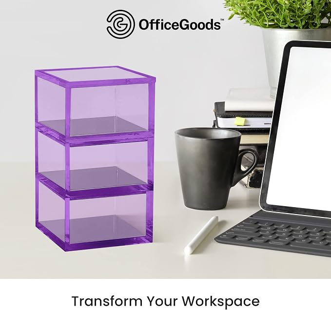 3-Tier Stackable Acrylic Holder- Stylish Desk Organizer and Storage for Office or Home – Transparent Square Design, Purple with Silver Metal Base