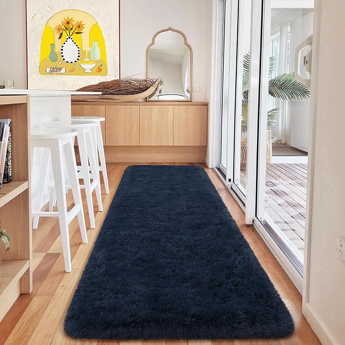 HOMORE 2x10 Runner Rugs for Bedroom, Navy Blue Runner Rug for Hallway Entryway Laundry, Modern Shag Bedroom Runner Cute Carpets for Kids Dorm Bedside