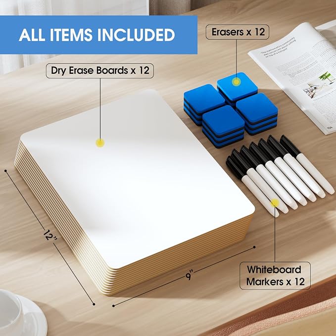 MaxGear Double Sided Dry Erase Board, 9'' x 12'' Small White Board, 12 Pack | Reusable Double Sided Surface, Easy to Write and Erase, Portable Small Learning Board, Includes 12 Markers and 12 Erasers
