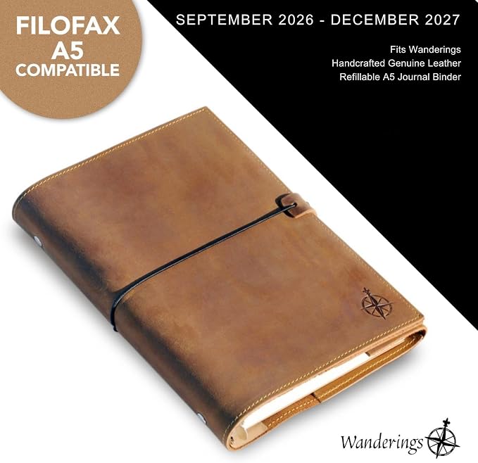 Wanderings 2027 Calendar Planner Inserts - Ivory Color - Thick Monthly Weekly Calendar Refill for A5 6-Ring Binder Planner Compatible with Filofax 8.3 x 5.6 (21 x 14.2cm) Sep 2026 - Dec 2027