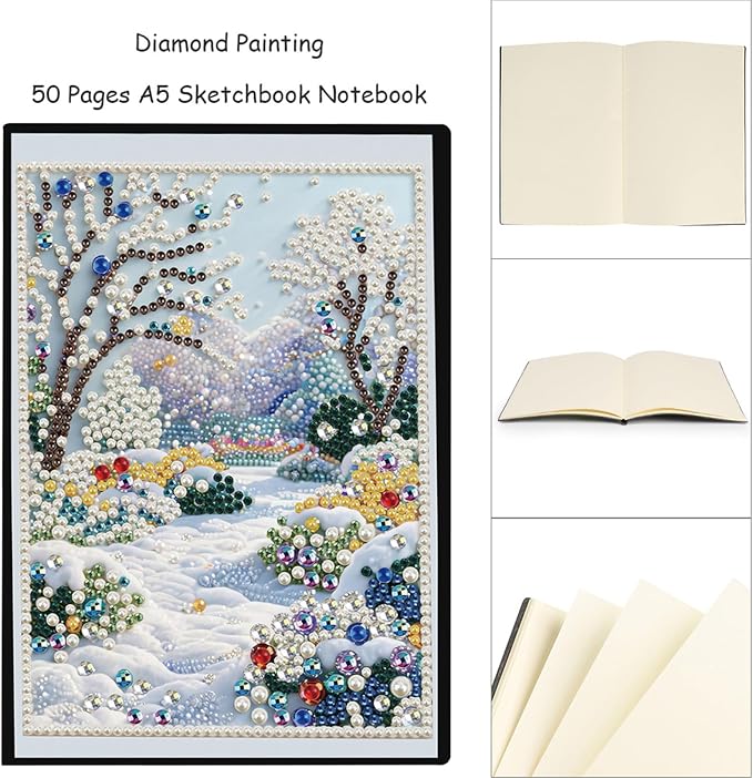 FRANDEK Pearl Painting Notebook Kit, Winter Forest A5 DIY Journal with 50 Blank Pages, Diamond Gem Art Cover with Waterproof Canvas, Beginner Craft Set with Full Tools for Adults
