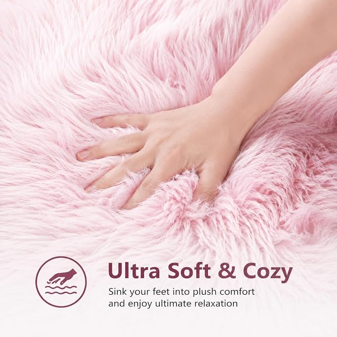 EasyJoy Faux Sheepskin Rug, Fluffy Faux Fur Rug, Ultra Soft Shag Area Rug with Non-Slip Backing for Bedroom, Living Room, Nursery, Kids Room(2 x 4 ft Sheepskin, Frosted Bottom Pink)