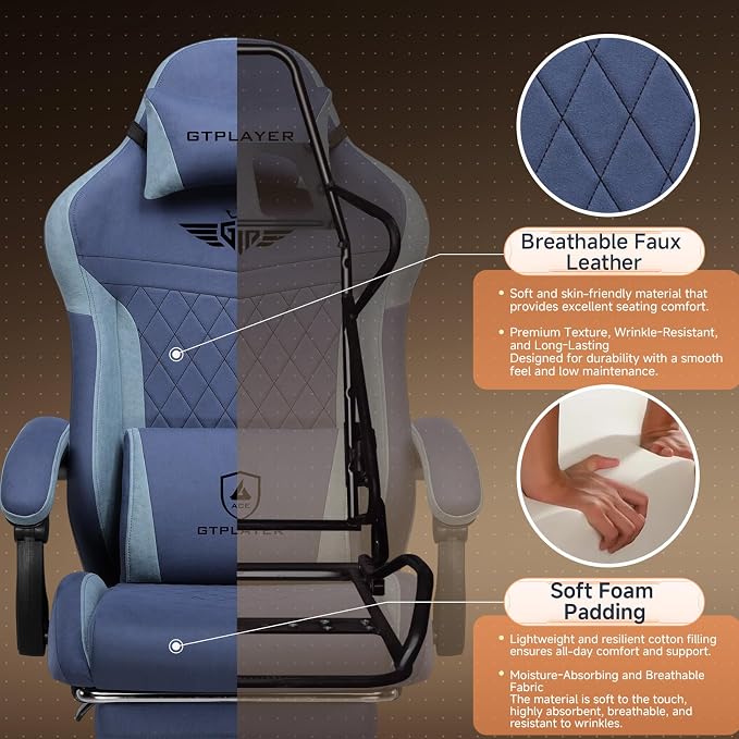 GTPLAYER Gaming Chair with Footrest, Ergonomic Office Chair 400lbs Heavy Duty, Big and Tall Computer Desk Chair with Lumbar Support and Headrest, Breathable Tech Fabric, 90-155° Recline Blue