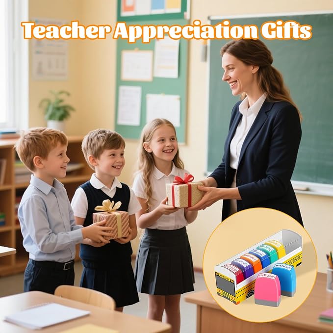 Teacher Stamps for Grading, Teacher Appreciation Gifts, School Bus Self Inking Teacher Stamps Set for Classroom, Back to School Supplies, Motivational Reward Stamps with Sign Return Good Job (8 Pcs)