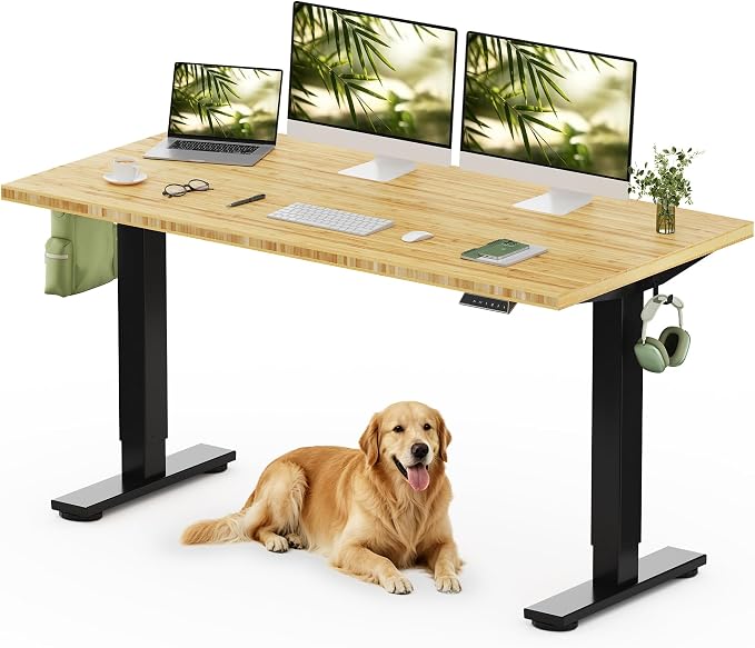 FLEXISPOT 60" x 30" Solid Bamboo Standing Desk, Black Frame | Real Bamboo Desktop with Natural Grain, Durable & Sustainable, 176 LBS Capacity, Home Office and Multi-Monitor Setups