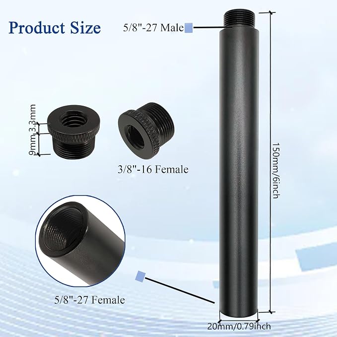 Mic Stand Extension Tube with 3/8" to 5/8" Microphone Extension Pipe Adapter for Mic Booms,Arm Stand 2 Pack