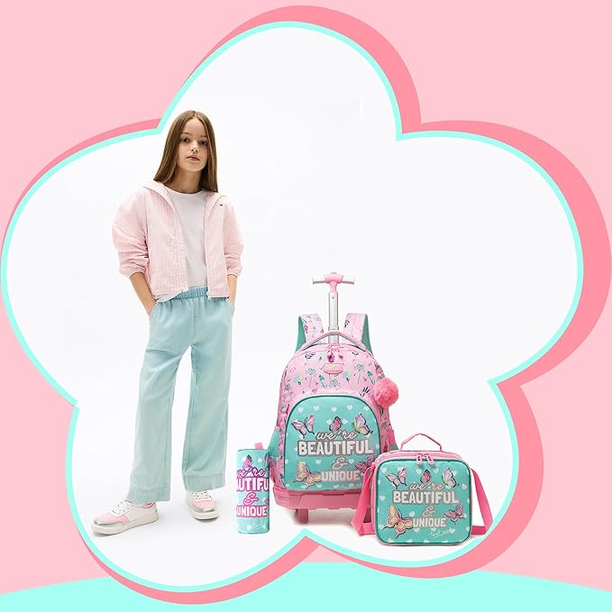 Girls Rolling Backpack for Kids Ages 8-12 Butterfly Wheeled Backpack for Kids Backpacks for Girls with Lunch Bag Back to School Supplies Kit