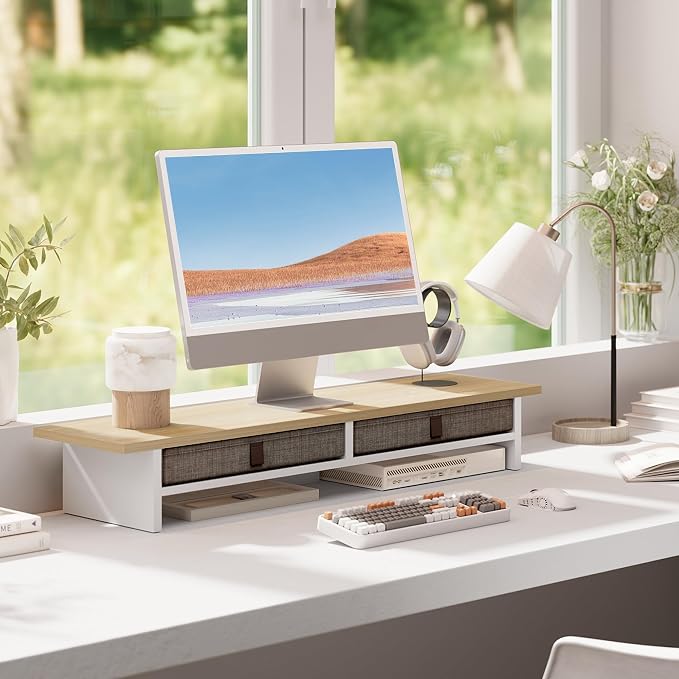Fenge 35 Inch Monitor Stand with Drawer Storage, Computer Riser for Desk | Wooden Computer Shelf, 2 Tiers, for Dual Monitor/Laptop/PC/TV/Printer up to 55Lbs, Home Office Desk Organizer