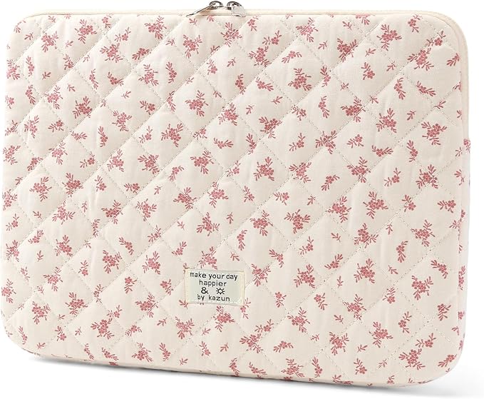 Puffy Laptop Sleeve 15-15.6 Inch Cute Quilted Laptop Protective Case Padded Floral Computer Sleeve for MacBook (A-Pink, 15 Inch)