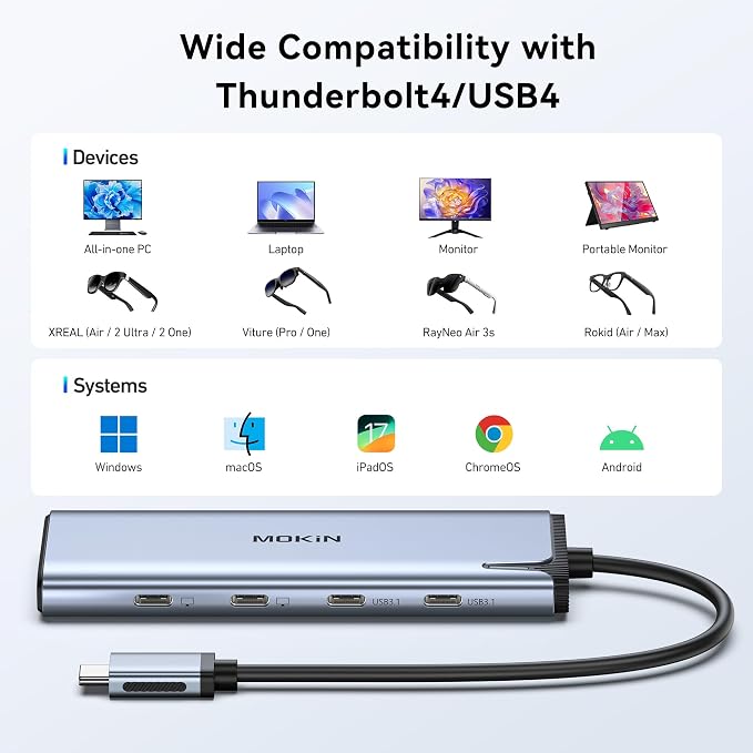 USB C to USB C Hub Dual Monitor, USBC Splitter with 4K@60Hz DP Alt Mode Video Output, 10Gbps Data Transfer, 100W PD Charging, Dual Monitors Adapter for Laptop, Portable Monitor and More Type C Devices