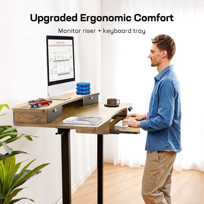 HUANUO 55" x 26" Electric Standing Desk, 2 Drawers & Keyboard Tray, Vintage | Ergonomic Desk with 2 Drawers: 27.9"-46.8" electric lifting. 26.7" keyboard tray & C-clamp mount top maximize workspace