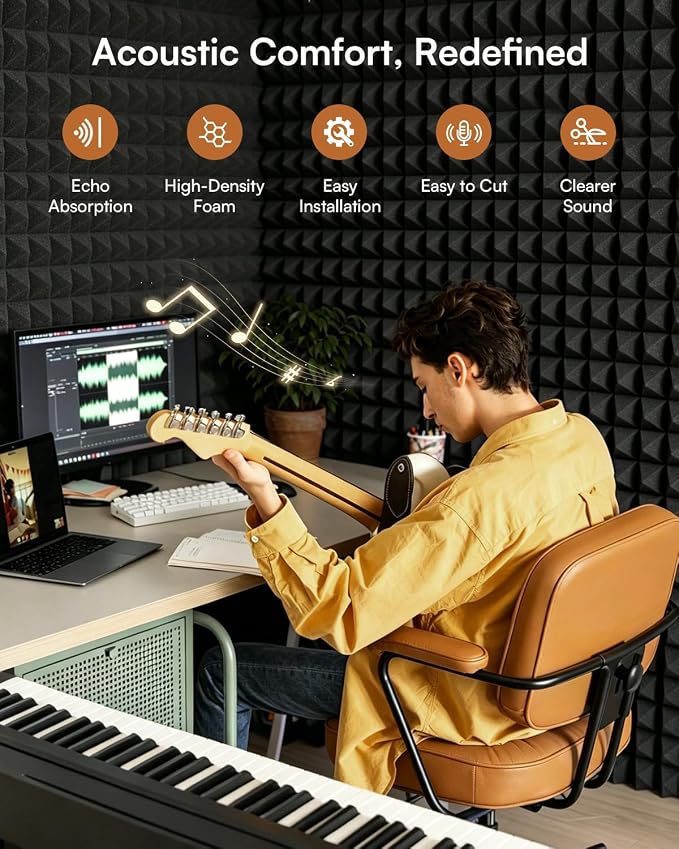 SODOCT 4 Pack Large Pyramid Acoustic Foam Panels, 48 x 24 x 2 Inches High Density Sound Proof Foam for Walls, Professional Sound Absorbing Studio Panels for Home Theater, Recording (Black)