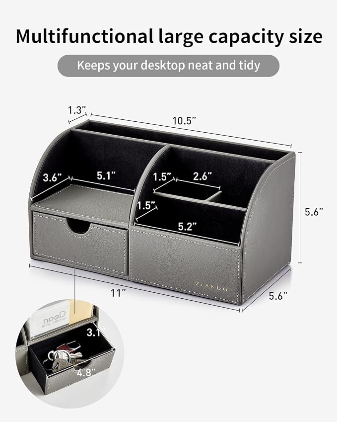 VLANDO Office Desk Organizer with Drawer, Premium Leather Desktop Storage Caddy for Supplies and Accessories, Multi-functional Vanity Organizer for Makeup,Bedside Table Nightstand Box