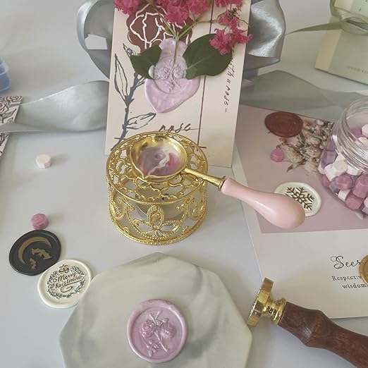 Metal Wax Seal Warmer Kit with Spoon and Stirring Stick, for Wedding Wax Envelope Seal Stamp (Golden Bird's Nest Stove)