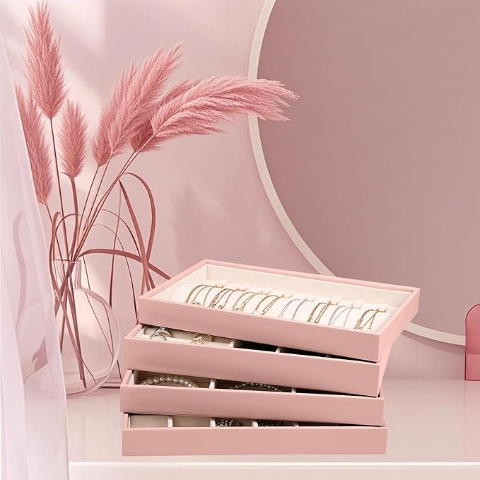 LANDICI Stackable Jewelry Organizer Trays 4 Set,PU Leather Jewelry Organizer Drawer,Jewelry Storage Display Tray for Earring Necklace Rings Bracelet with Removable Dividers,Pink