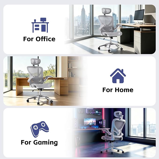naspaluro Home Office Chair with Flip-up Armrests Adjustable Headrest Lumbar Support, Mesh Desk Chair 90-120°Rocking Chairs for Home Office, Study, Work & Gaming, Black