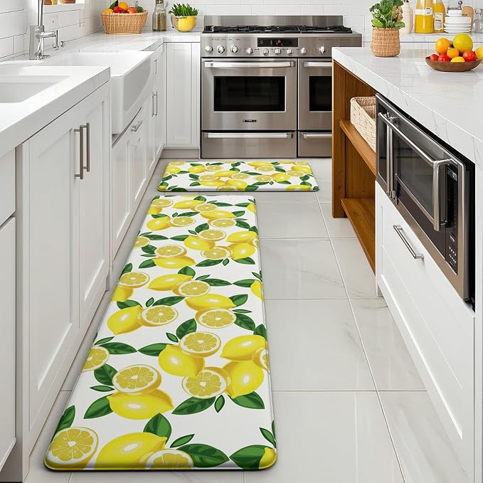 Lemon Kitchen Decor Kitchen Mat, Cushioned Anti Fatigue, Non-Slip | Bright Lemon Pattern,Yellow docor,Cushioned Comfort,Non-Slip Backing,Waterproof Surface,Easy Clean,Kitchen Sink,Laundry