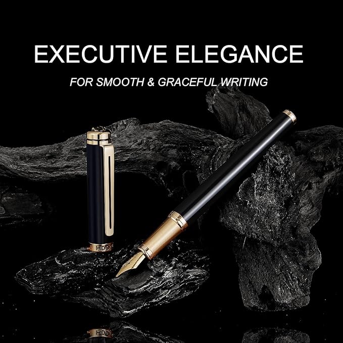 Black Luxury Fountain Pen Set for Men and Women with Gift Box, 24K Gold Finish and Gilded Nib(Extra Fine) with 5 Black Ink Cartridges and Converter