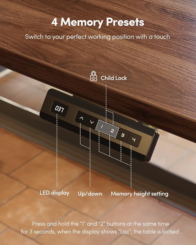 CubiCubi 40 x 24 Small One-Piece Standing Desk, Adjustable Height Electric Computer Home Office Sit Stand up Workstation, with 4 Memory Presets, Headphone Hook, Black Walnut
