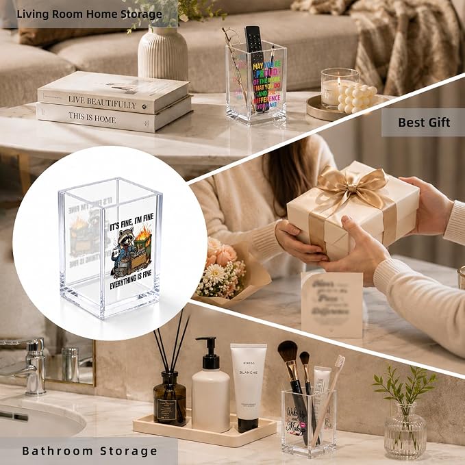 It's Fine I'm Fine Everytiing Is Fine Funny Humor Sarcastic Acrylic Cosmetic Pencil Pen Holder Desk Organizer Clear Crack Resistant Desk Organizer, Mental Health Gifts for Nurse Coworker Best Friend